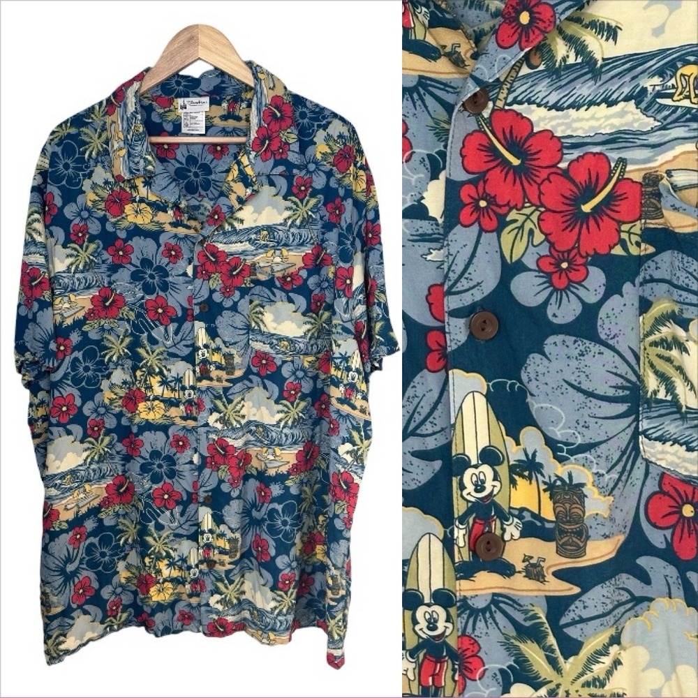 Disney Parks Mens Hawaiian Tiki Mickey Aloha Camp Shirt Blue Red 2XL